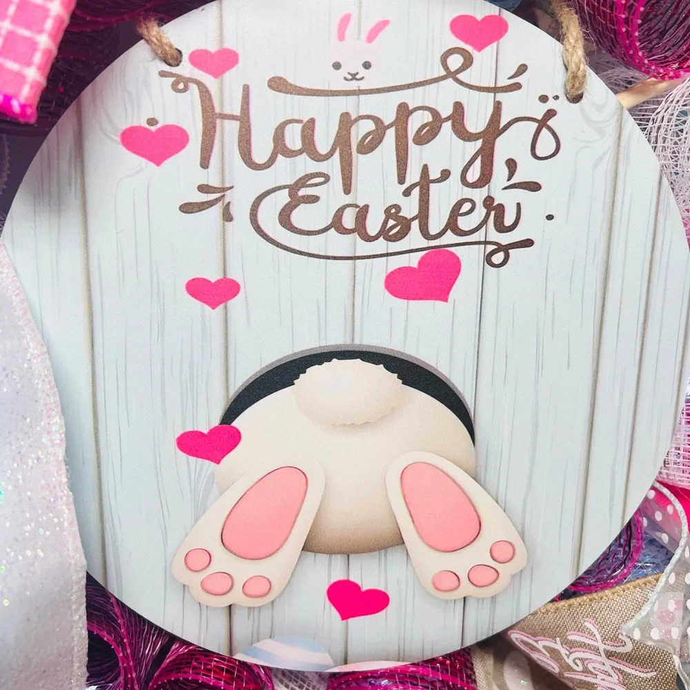Handmade Spring Happy Easter Bunny Bum Prelit Ribbon Wreath 22 in LED W23